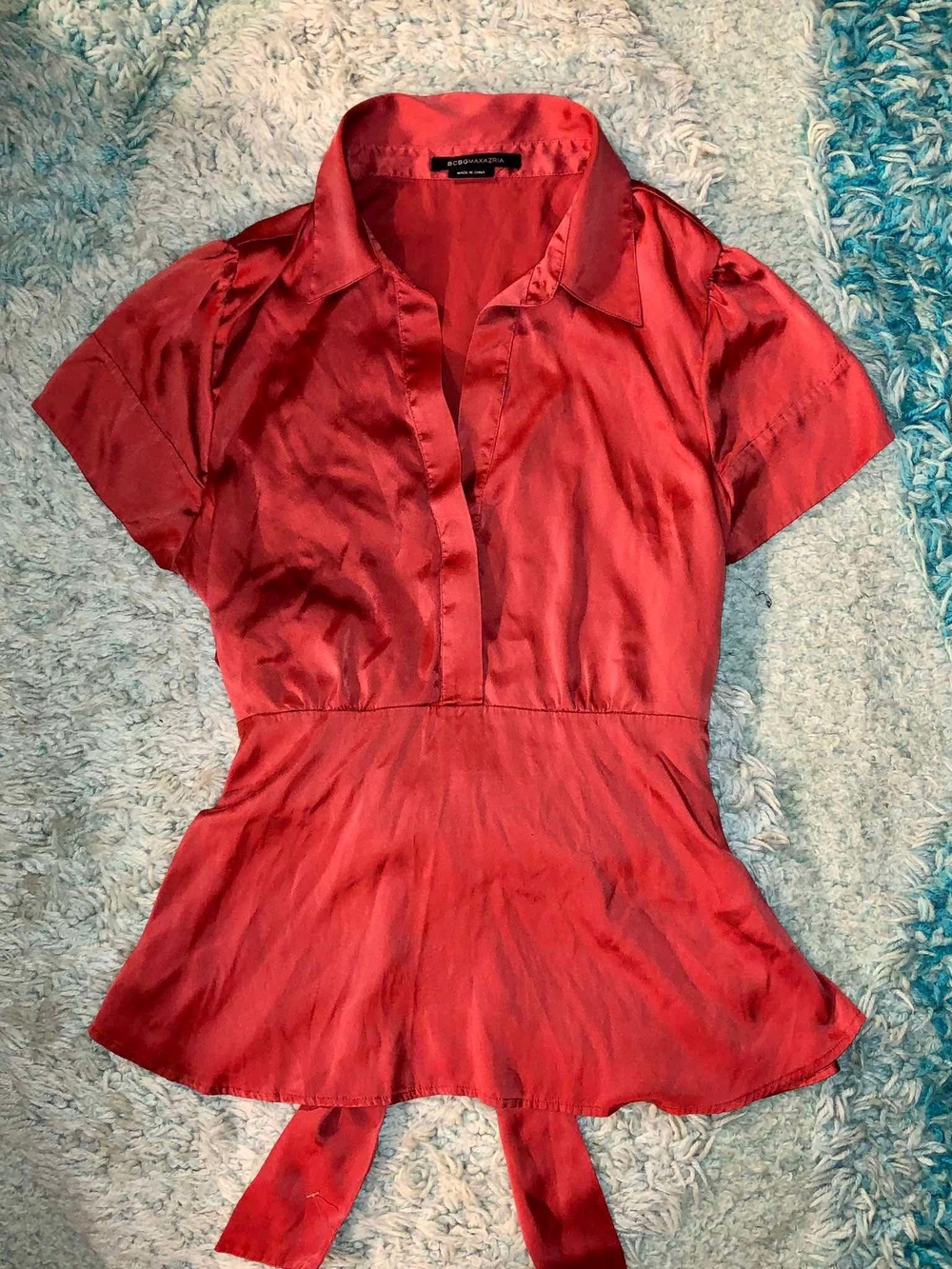 BCBGMAXAZRIA red satin peplum blouse
